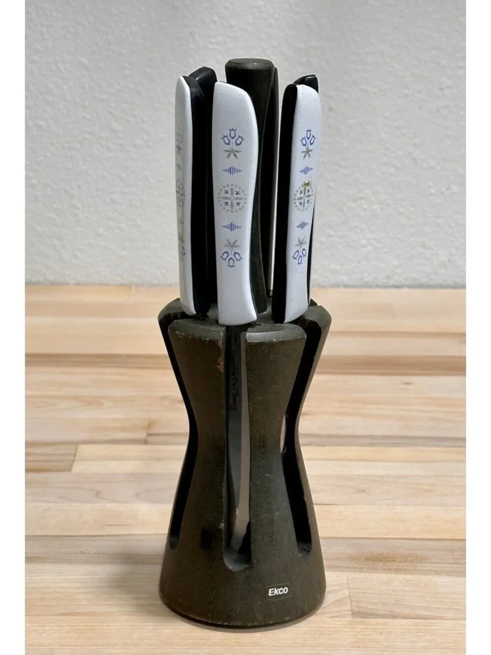 6 Vintage EKCO Vanadium Dutch Tulip Steak Knives USA Hollow Ground Set w Holder